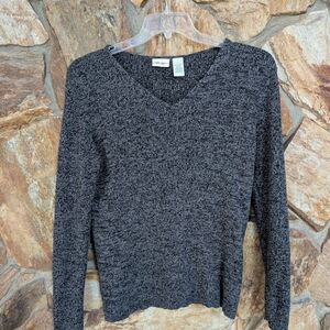Cherokee 100% Cotton Dark Gray Marled V-Neck Sweater L | Cozy Knit